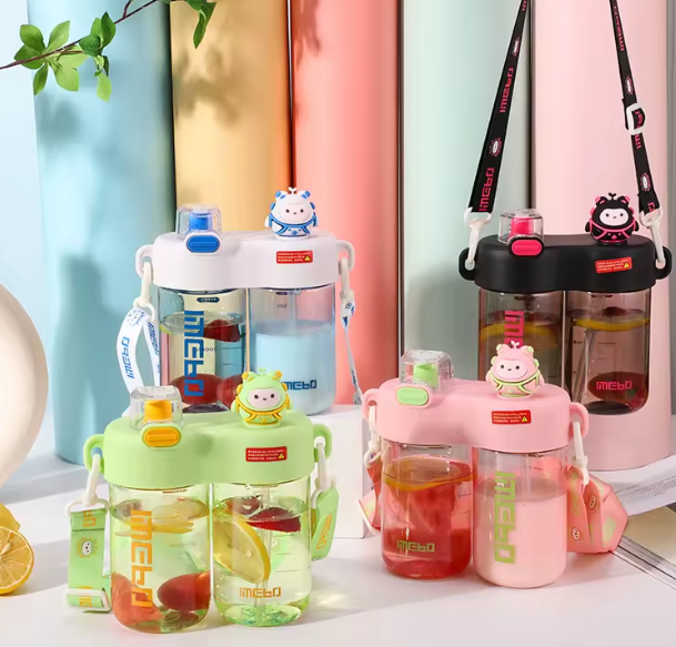 Gourde pour enfants Kawaii 600ml étanche à l'eau Gourde pour enfants Ecole sans Bpa Bouteille d'eau réutilisable pour enfants avec paille/sangle